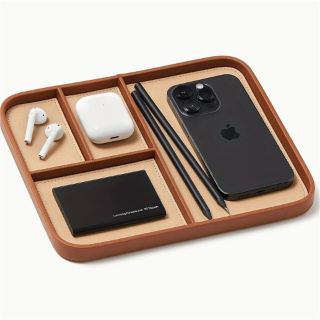 Wholesale Dice Leather Tray Pu Leather Valet Tray Organised Nightstand Pen Holder for EDC Keys & Watch Tray for Men