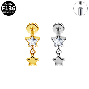 Titanium Star Teardrop Earrings With Chain Dangle <b>Cartilage</b> <b>Studs</b> For Ear Piercing Jewelry ASTM F136 Titanium - Product Image 4