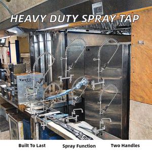 ก๊อกน้ำแบบฉีดล้างล่วงหน้า แบบสองมือจับ สำหรับครัวอุตสาหกรรม ทำจากทองเหลือง แข็งแรงทนทาน สำหรับใช้งานเชิงพาณิชย์ พร้อมหัวฉีดแบบดึงออกได้ - Product Image 2