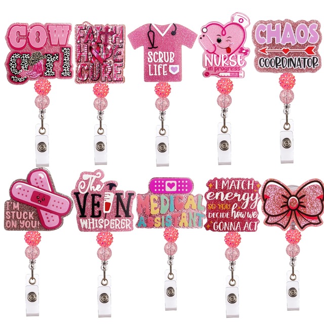 Customized Personalized Stylish Medical Care Acrylic Resin Glitter Bow Retractable Acrylic Badge Reels