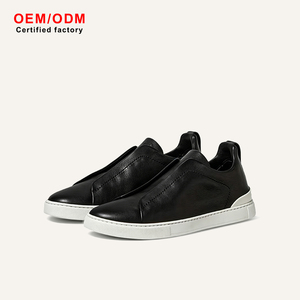 Chaussures décontractées de luxe pour hommes en cuir véritable, style minimaliste noir, confortables, souples, respirantes, semelle blanche, pour le bureau - Product Image 1