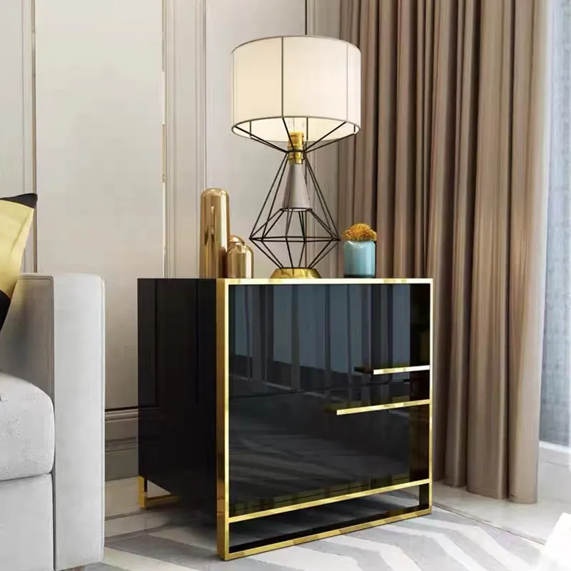 Hot selling Bedroom Furniture Modern Gold Stainless Steel Frame Wood Luxury Nightstand Bedside Table