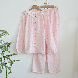 Conjunto de Ropa de Casa de Algodón Puro para las Cuatro Estaciones, Cuello Redondo, con Encaje, Antibacteriano, Manga Larga, Pantalones Largos, Estilo Juvenil - Product Image 2