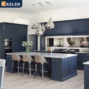 Kelen 2024 customise classic blue lacquer island kitchen rta set assembled modern home shaker USA solid wood kitchen cabinets