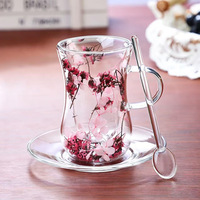 Set Cangkir Teh Bunga Seri Taman Ramadan 27, Cangkir Kopi Dinding Ganda Kaca, Cangkir Cawa Arab dengan Piring dan Sendok Kaca
