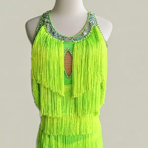 Ladies Salsa Cha Cha Performance Costume <b>Neon</b> Green Ballroom Latin Dance <b>Dress</b> Fringe Skirt with Keyhole Cutout Stage Dance Wear - Product Image 3