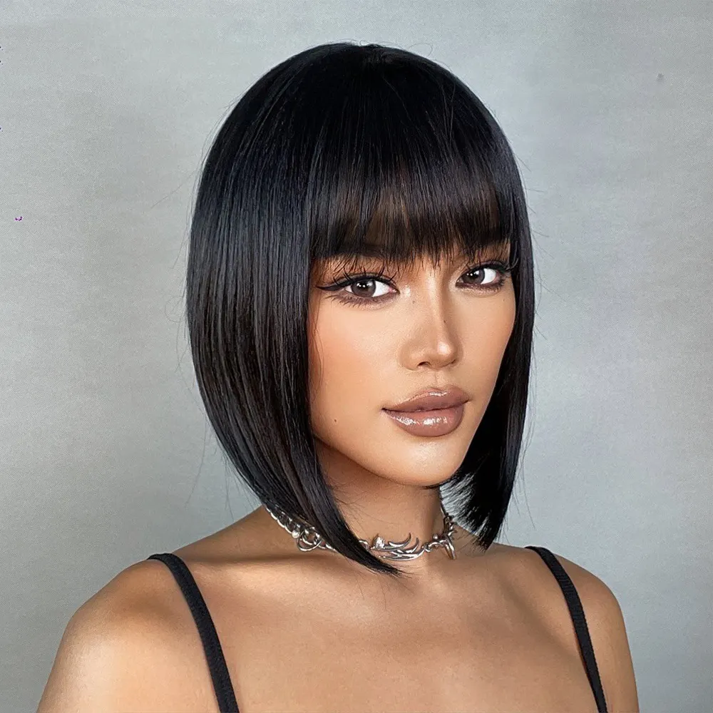 Factory Wholesale Bob Straight Black Synthetic Wigs with Bangs Dark Natural Hair Wig for Women Daily Use