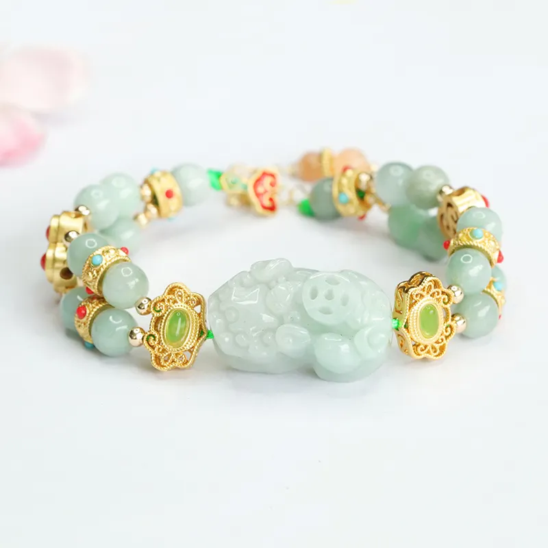 Mythical Animal Pixiu Myanmar Jade Chain & Link Bracelets Double Layers Natural Stone Bracelets Jewelry Burma Jadeite Bracelets