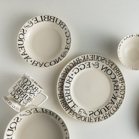 Vaisselle en céramique de style ins simple, assiette à dîner avec lettres noires, grande tasse, saladier