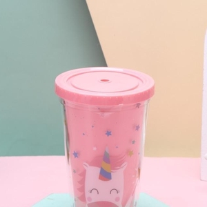 450ml Reusable Unicorn Double Wall <b>Plastic</b> <b>Straw</b> Cup with Colorful Leakproof Lid or Kids Cold Beverages with Leakproof Lid - Product Image 2