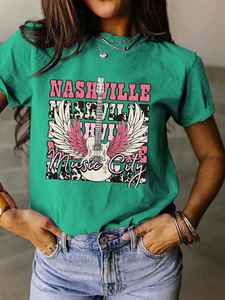 European American Women's Summer T-Shirt Nashville Music City Guitar Music Custom Print Crew Neck Loose Short Sleeve - Product Image 5