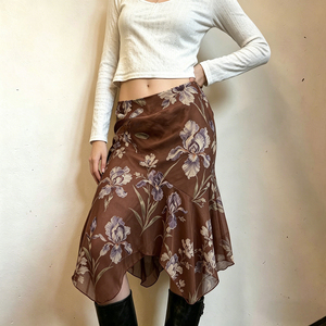 Vintage Digital Print Breathable Irregular Midi Skirt <b>Asymmetrical</b> <b>Hem</b> - Product Image 3