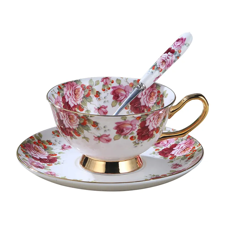 220ML el yapımı çiçek deseni porselen çay fincanları ve altlık kahve veya çay için