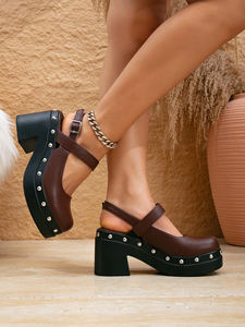 하이 플랫폼 리벳 펑크 스타일 대형 페이턴트 PU 여성용 신발 굵은 라운드 토 사이즈 43 패션 힐 - Product Image 4