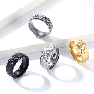 Unisex <b>Titanium</b> Steel <b>Ring</b> Hammered Texture Moon Pit Design Steel Gold <b>Black</b> Antique Silver Color Jewelry Gift - Product Image 1