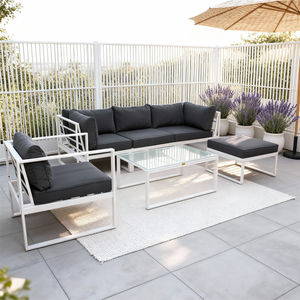 Ensemble de canapé d'extérieur moderne 5 pièces avec ottoman et table basse en verre, structure en aluminium, mobilier de salon décontracté minimaliste personnalisé - Product Image 2