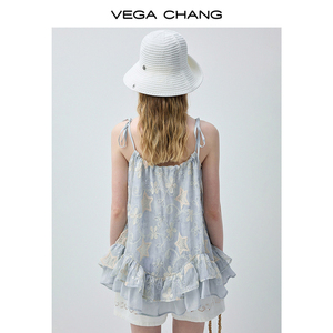 VEGA CHANG Light <strong>Blue</strong> Lace Embroidered <strong>Cami</strong> <strong>Top</strong> Women with Double Layer Ruffle Hem and Loose Fit Casual Sleeveless <strong>Top</strong> - Product Image 6