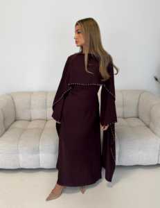 Abito Abaya in <span class=keywords><strong>Raso</strong></span> di Lusso Modesto per Feste Serali a Dubai 2026, <span class=keywords><strong>Vestito</strong></span> <span class=keywords><strong>Lungo</strong></span> Monocolore con Perline per Donna - Product Image 2