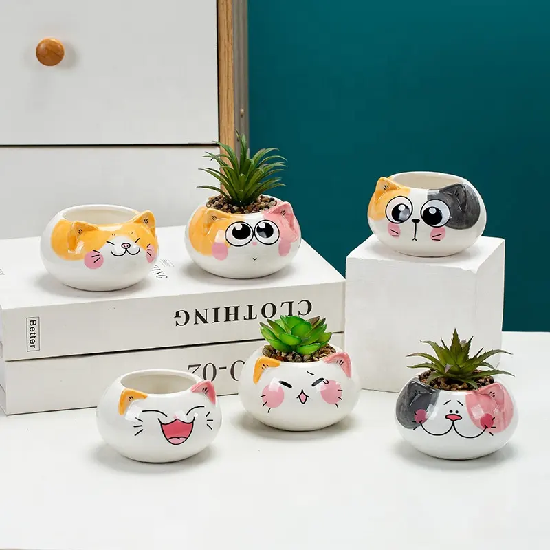 DL6667 Cute Cartoon Animal Cat Shaped Ceramic Succulent Cactus Flower Plant Pots with Bamboo Tray
