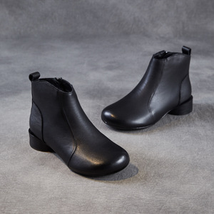 Bottes courtes vintage de luxe en cuir de vachette multicouche à talon épais et cylindre bas, nouvelle collection automne, <span class=keywords><strong>chaussures</strong></span> <span class=keywords><strong>pour</strong></span> mères, fermeture éclair latérale, couleur unie - Product Image 4