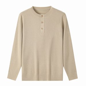 Custom OEM ODM Solid Knitted Henry Collar <b>Pullovers</b> Washable Wool <b>Men</b> Sweater Button Long Sleeves - Product Image 1
