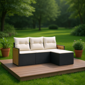 Ensemble de canapé de jardin blanc crème 3 places en rotin, mobilier d'extérieur résistant aux intempéries, design contemporain, structure en teck - Product Image 2