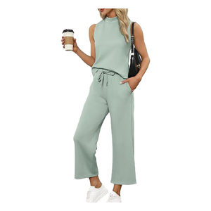Trajes de verano de dos piezas para mujer, Tops con cuello simulado de patrón sólido con pantalones cortos de pierna ancha para viajes de vacaciones para conjuntos de salón - Product Image 2