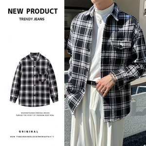 Camicia da uomo a quadri bianchi e neri di alta qualità, a maniche lunghe, primaverile e autunnale, elegante, spessa, per il tempo libero, taglie forti - Product Image 3