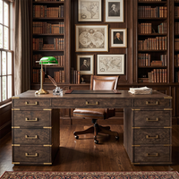Bureau d'écriture RH Cayden en bois massif gris clair avec six tiroirs et compartiment ouvert, écologique, style vintage pour bureau à domicile