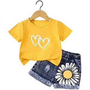 Girls 2Pcs Set Yellow Heart Print Short Sleeve T Shirt Denim <b>Daisy</b> Shorts Casual Comfortable 100% Cotton All Season Outfit - Product Image 1