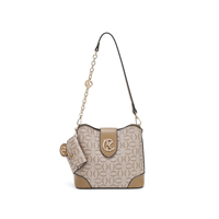 Tas Desainer Monogram Cokelat Elegan, Tas Selempang Kulit Kontras Model Bucket, Tas Bahu Wanita dengan Rantai Logo, Tas Selempang Wanita untuk Sehari-hari