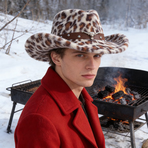 Sombrero Vaquero con Estampado de Leopardo ZhenXi, Talla M56-58cm, Fedora Esponjoso con Banda de Cabeza de Toro, Sombrero Elegante para el Día a Día - Product Image 3