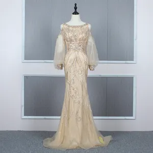 Gold Color Boat Neck Long Puffy Sleeve Mermaid Heavy Crystal 2019 Designer Evening Dresses Custom Made Real Photo Dance Dresses