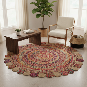 Tapis en jute rond et écologique moderne Tikki Design Tressé Résistant aux taches Antidérapant Pile moyenne Fabriqué à la machine Chindi DEVTIC DECOR - Product Image 3