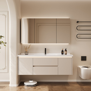 Meuble-lavabo mural moderne, étanche, écologique et durable avec miroir intelligent, en contreplaqué de qualité hospitalière, pour salle de bain - Vente en gros - Product Image 2