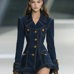 Vestido vaquero mini personalizable clásico y divertido con solapa grande, dobladillo con volantes y mangas largas para mujer - Product Image 2