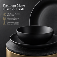Service de vaisselle moderne en céramique noir mat 4 pièces : assiette plate, assiette à salade, bol à céréales, tasse à café pour restaurant et maison