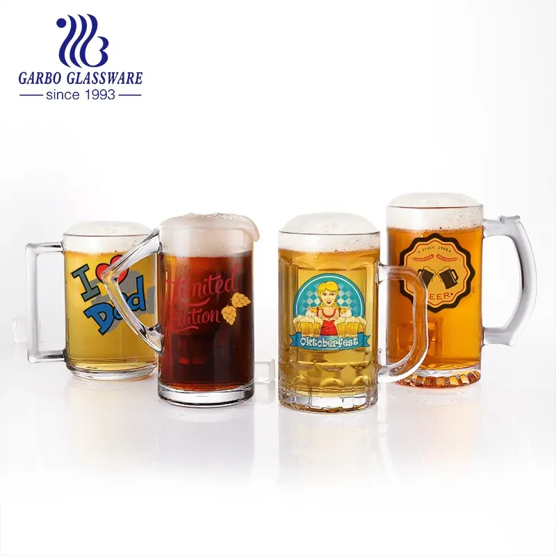 Chope en verre à bière avec impression de décalcomanie personnalisée chopes à bière vin boissons verrerie pour tasse de bar avec poignée