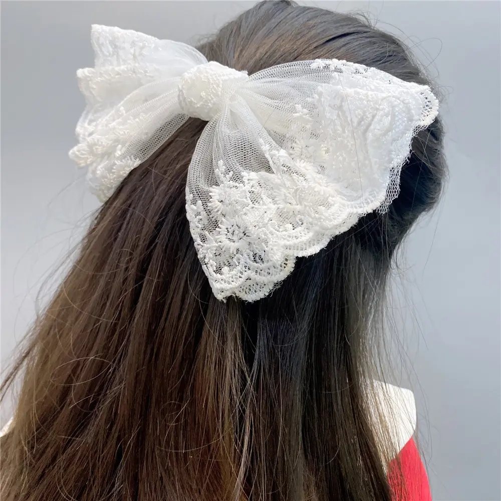 New Korean Designs Bride Hair Accessories White Lace Big Bow Knots Hair Clip For Girls Lady