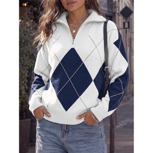 Custom Womens Quarter Zip <b>Sweater</b> <b>Argyle</b> Knit Pullover Long Sleeve Oversized Collared Fall Casual Top 100% Cotton - Product Image 3