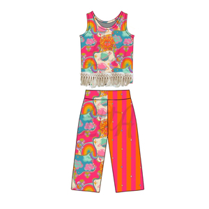 GSPO2298 Conjunto Personalizado para Niña Pequeña, Diseño de Flores a Cuadros Naranja con Borlas, Ropa Infantil al por Mayor, Conjunto sin Mangas para Niña - Product Image 3