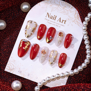 30 faux ongles courts en amande à presser, avec perles de verre, effet œil de chat, feuille d'or et motif rose, pour salon, DIY et usage quotidien - Product Image 3