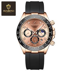 Binbond Men's Chronograph Quartz Watch With Date Moon Phase Tachymeter Black Strap 7mm Thickness Waterproof 30M - Product Image 5
