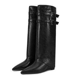 Big Size 45 Metal Buckles High Wedge Heels Pointed Toe Shoes Wide Fit Pants Long <b>Boots</b> Women's Overlay Knee High Booties - Product Image 5