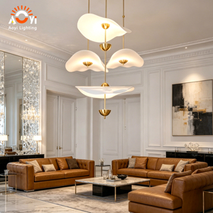 Lampadario Personalizzato a Foglia di Loto Grande, Lampada a Sospensione Moderna a 3 Teste per Hall di Hotel e Ville di Lusso - Product Image 4