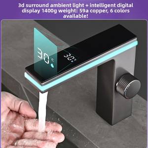 Pantalla <span class=keywords><strong>digital</strong></span> inteligente de latón, LED luz ambiental, grifo de lavabo caliente <span class=keywords><strong>y</strong></span> frío para lavabo de baño, manija de una sola rueda, montaje en cubierta - Product Image 6