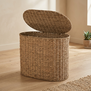 Panier de rangement ovale en jonc de mer naturel avec couvercle, panier tressé rustique multi-usages pour l'organisation et le rangement - Product Image 3