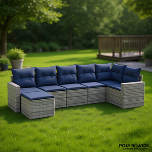โพลีริทาวิดส์ชุดโซฟาหวายโพลี 7 ชิ้นสีเทาพร้อมเบาะรองนั่ง เฟอร์นิเจอร์สวนกลางแจ้ง ดีไซน์ร่วมสมัย - Product Image 2