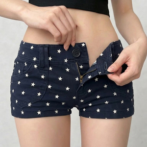 Shorts de Mezclilla de Moda Versátiles con Estampado de Estrellas Vintage Estilo Y2K, Cintura Baja y Corte Ajustado, Estilo Urbano de Verano - Product Image 5