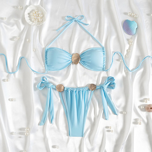 Conjunto de Bikini de 2 Piezas para Mujer, Decoración Metálica Dorada, Halter con Lazos Laterales, Traje de Baño sin Espalda, para Vacaciones de Verano en la Playa, Venta al Por Mayor - Product Image 5
